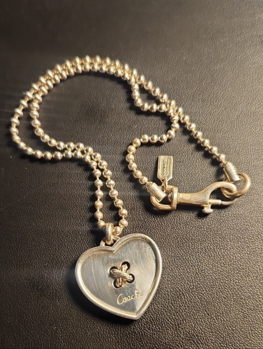 Coach Sterling Silver Heart Button Pendant Ball Chain Necklace Rare Vintage - Picture 2 of 8